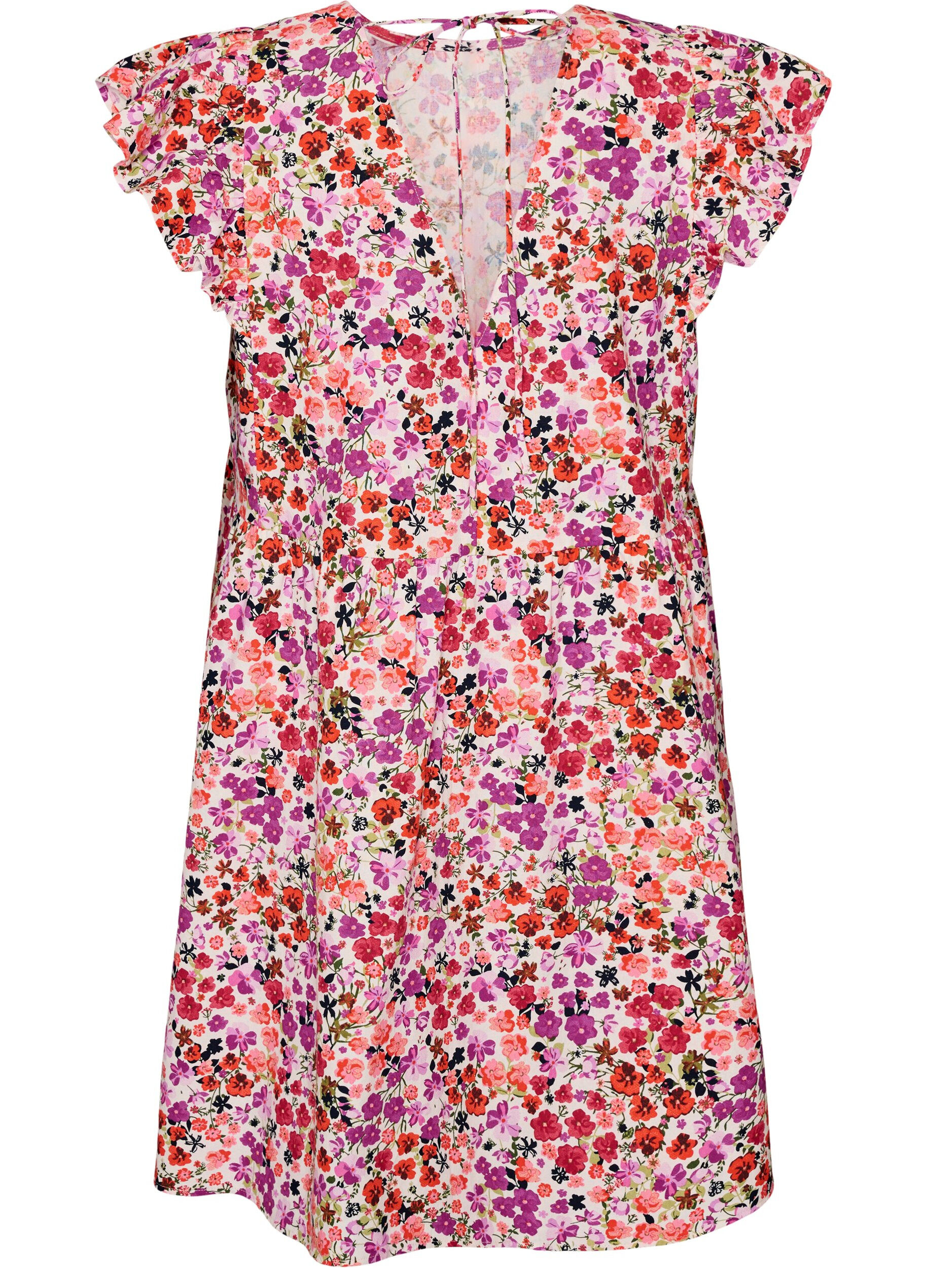 ZizziKatoenen bloemenjurk met ruches en V-hals, Roze, Packshot image number 1