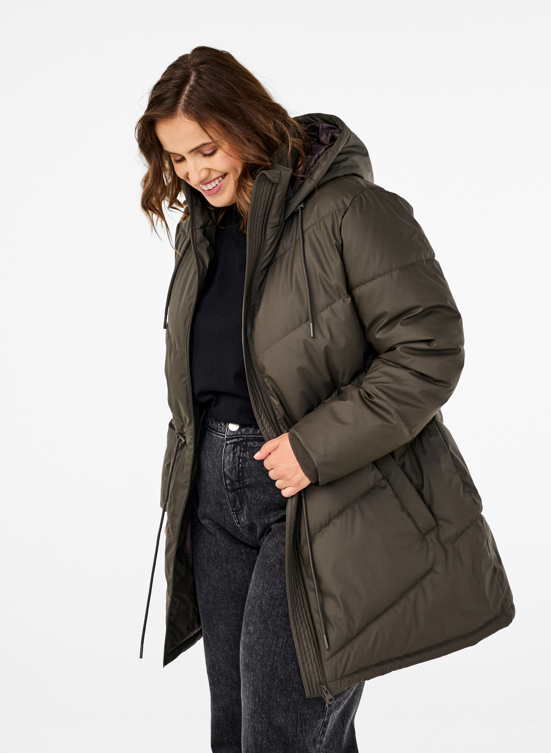 Zizzi Waterafstotend pufferjack met capuchon, Bruin, Model image number 0