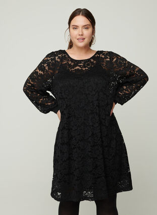 Kanten jurk met ronde hals en lange mouwen, Black, Model image number 0
