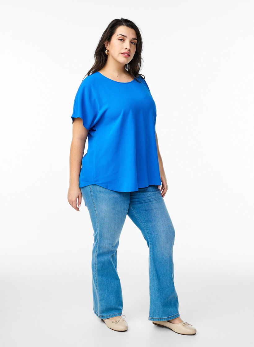 Blouse met korte mouwen en een ronde halslijn, Blauw, Model image number 1
