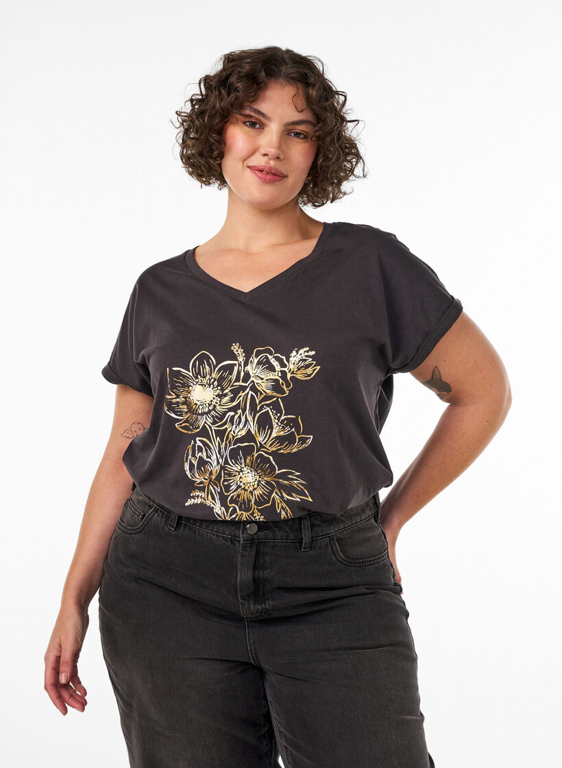 Katoenen T-shirt met goudkleurige folieprint, Grijs, Model image number 0