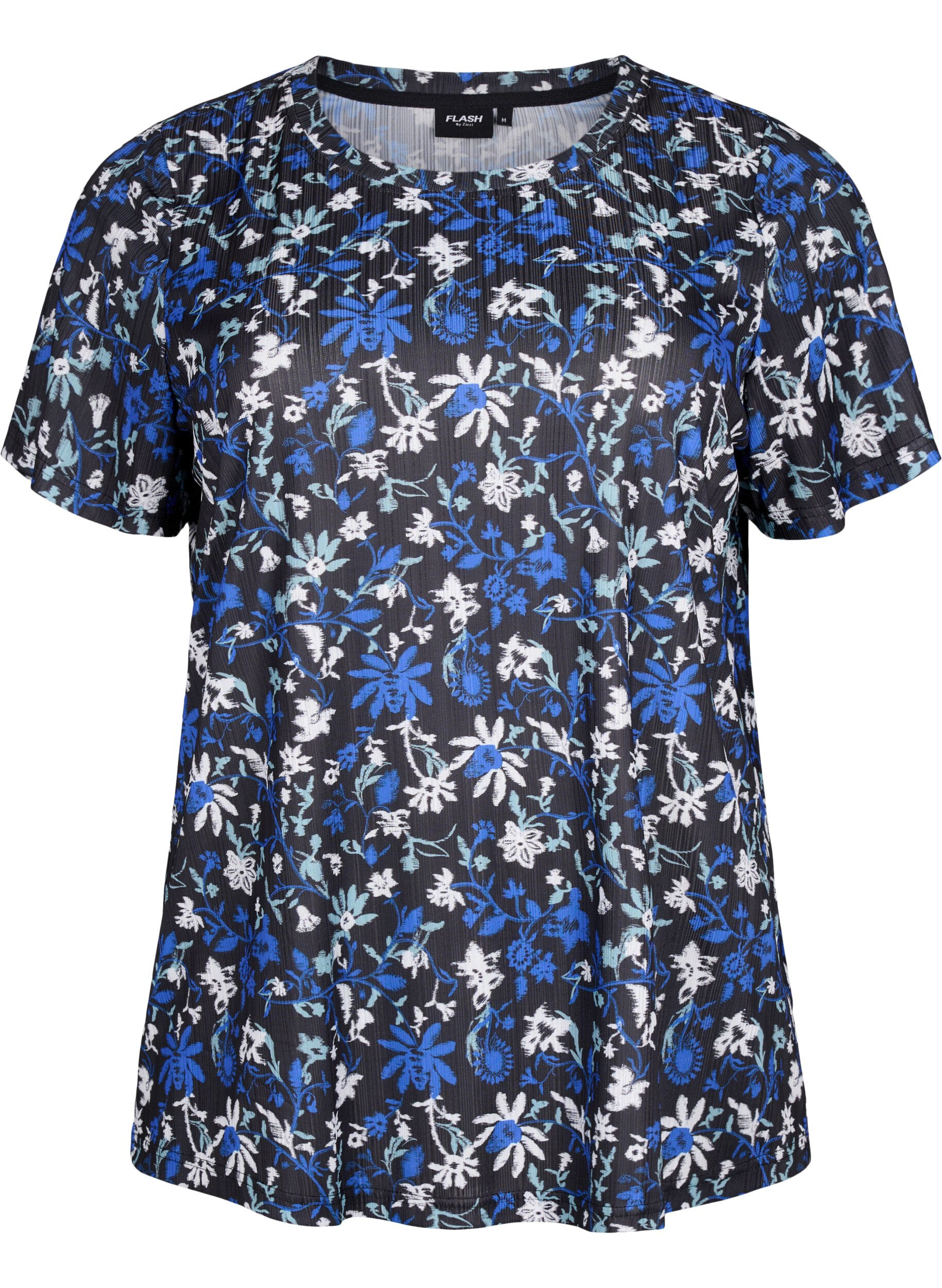 Zizzi FLASH - T-shirt met bloemenprint, Black Blue Green AOP, Packshot image number 0