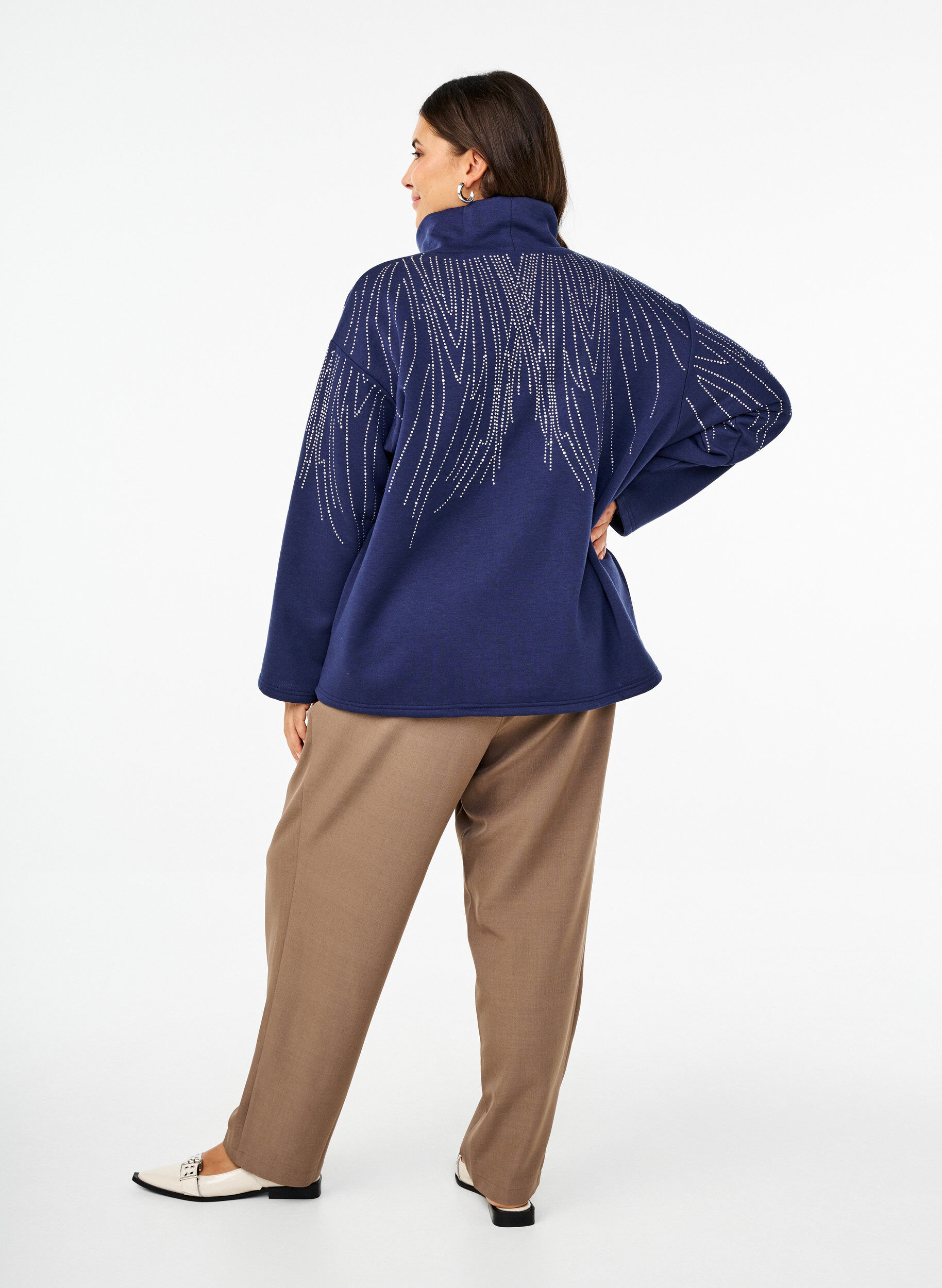 Zizzi High-waist broek met ruches en een strikriem, Walnut Melange, Model image number 1