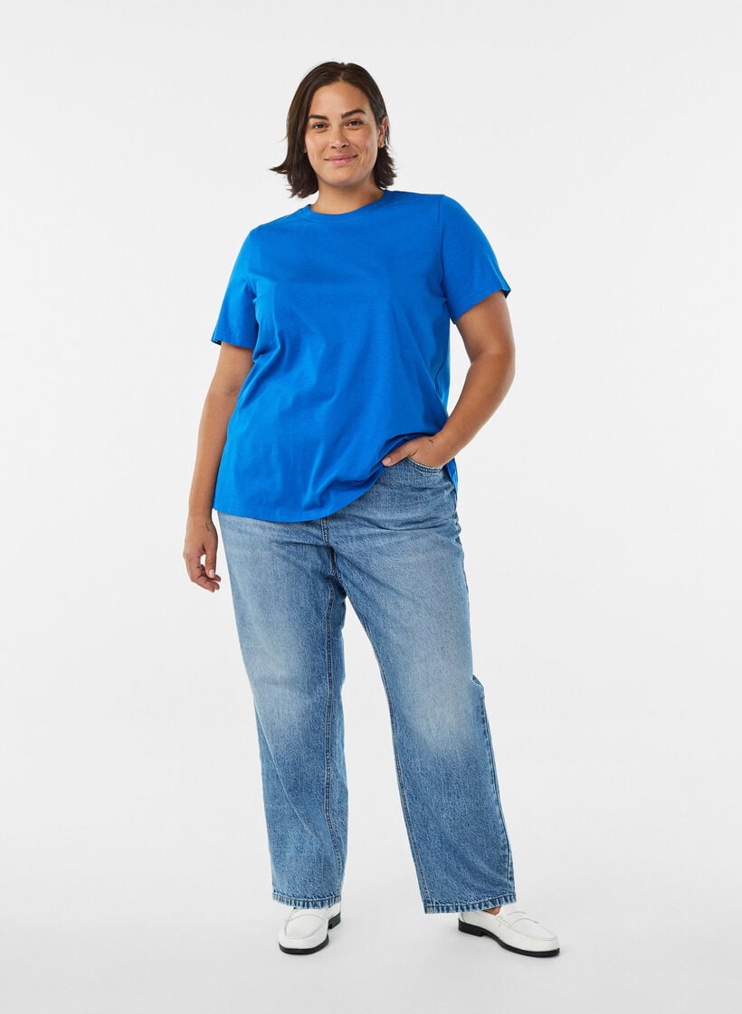 Basic katoenen T-shirt met ronde hals, Blauw, Model image number 1