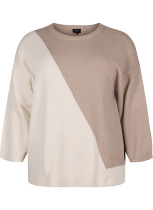 Gebreide blouse met ronde hals en colorblock, Simply Taupe Comb, Packshot image number 0