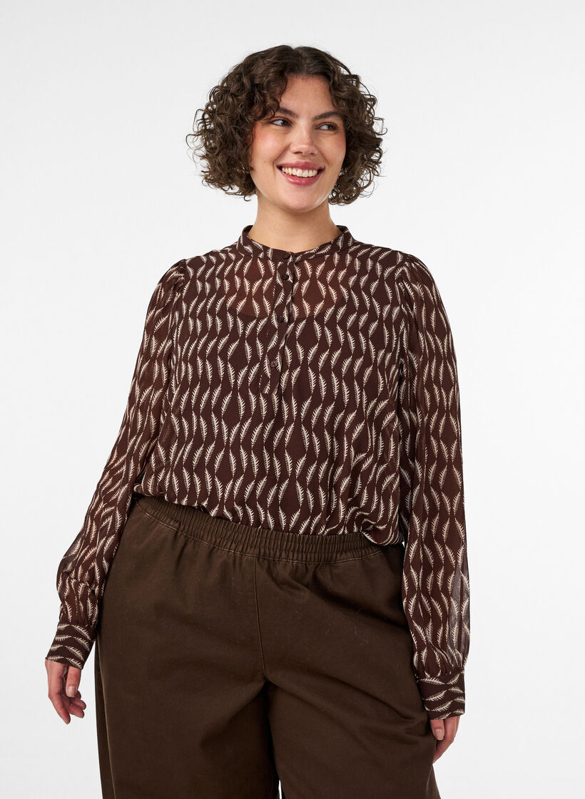 Blouse met all-overprint en korte knoopsluiting, Bruin, Model image number 0