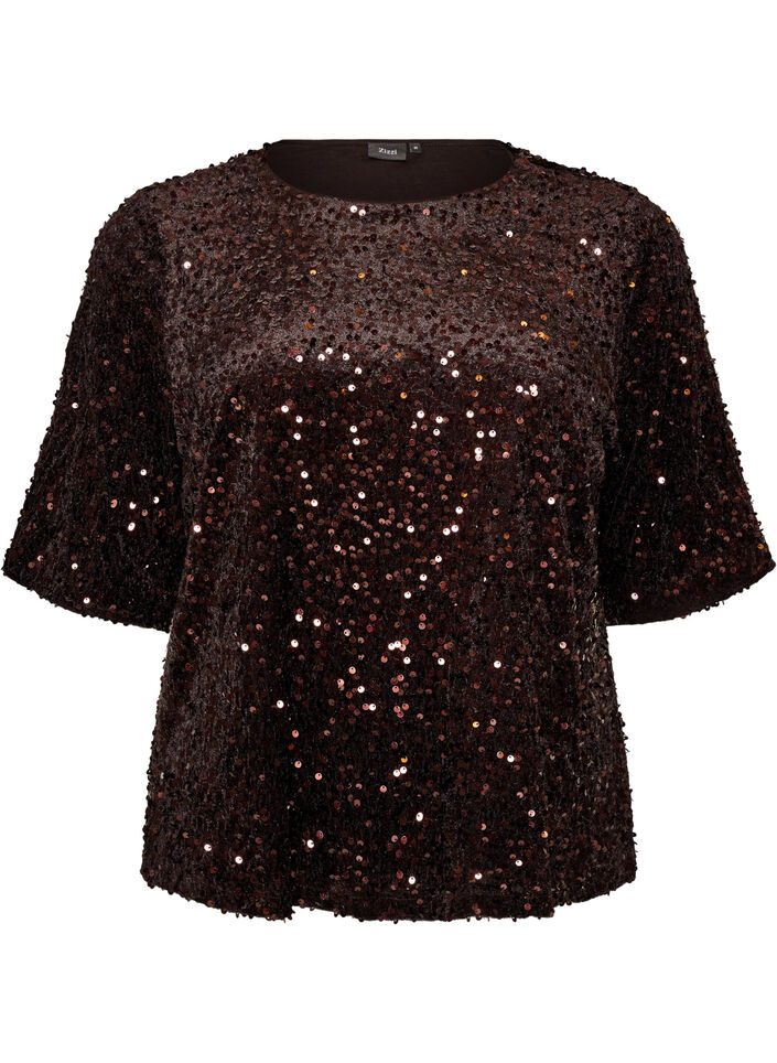Paillettenblouse met mouwen tot de elleboog, Bruin, Packshot image number 0