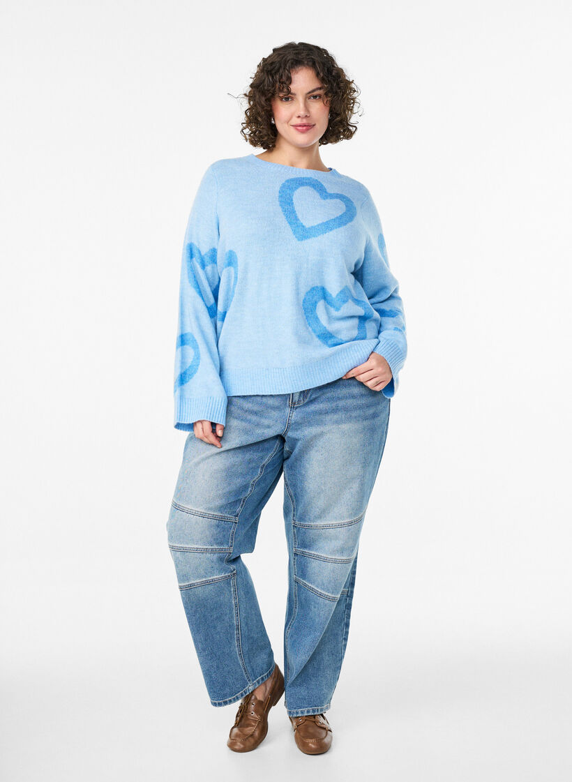 Gebreide blouse met grote harten en ronde hals, Blauw, Model image number 1
