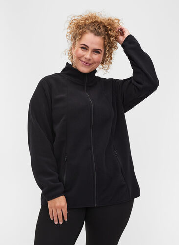 Fleece jas met zakken en rits, Black, Model image number 0