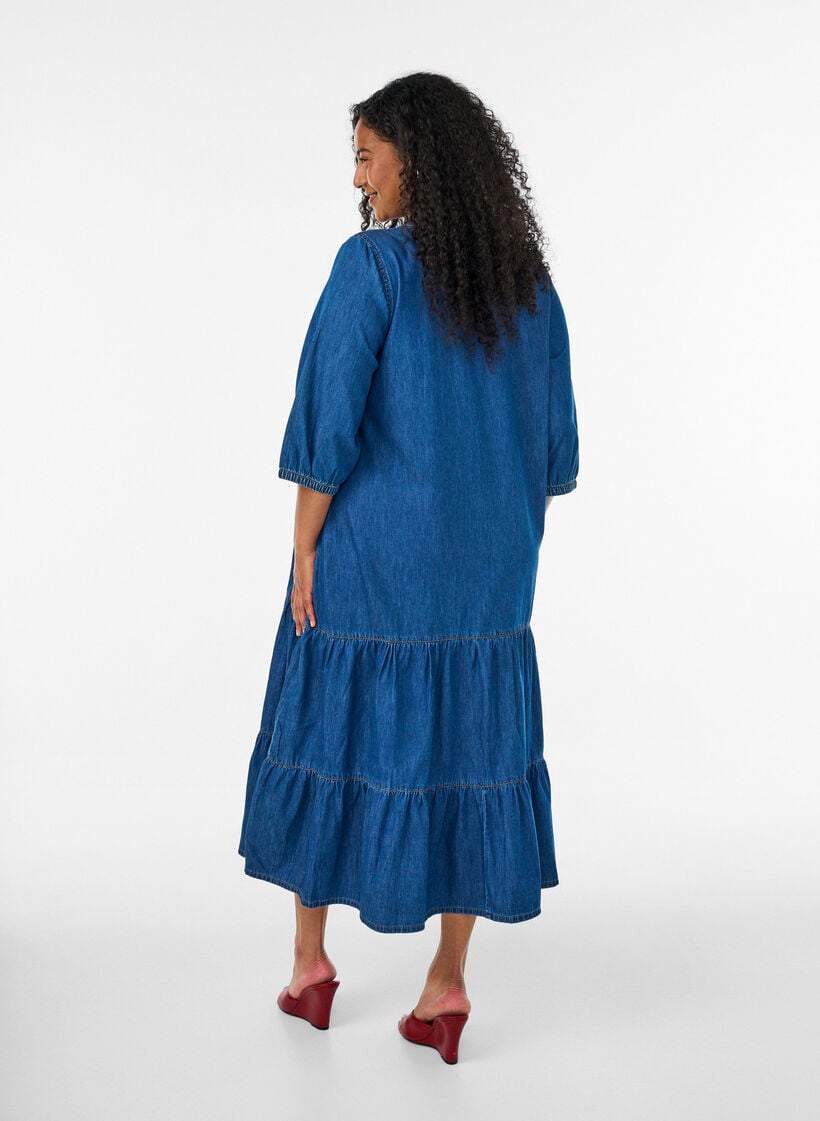 Denim maxi-jurk met gerimpelde lagen, Blauw, Model image number 1