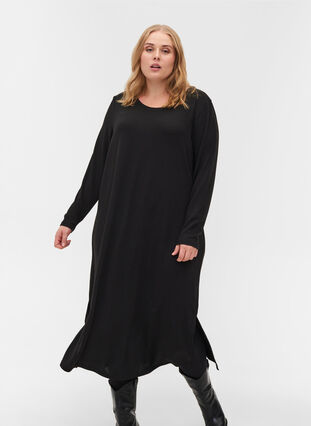 Effen kleurige jurk met lange mouwen en splitten, Black, Model image number 0