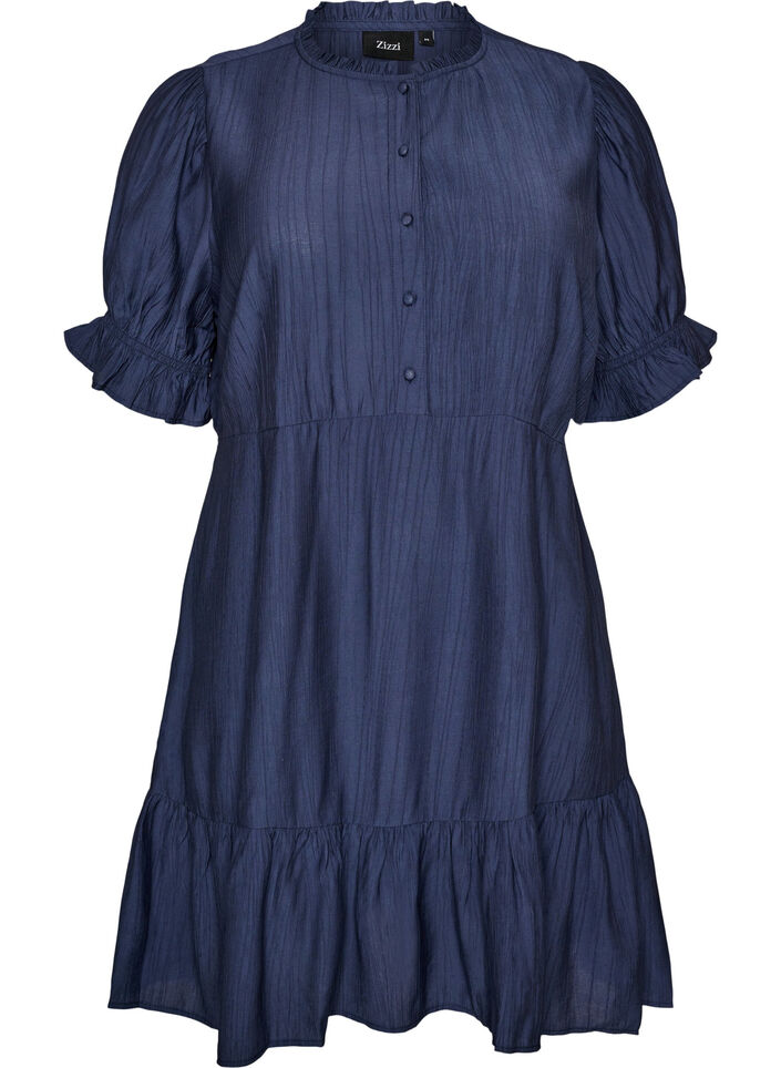 Korte viscose jurk met ruchesdetails, Blauw, Packshot image number 0
