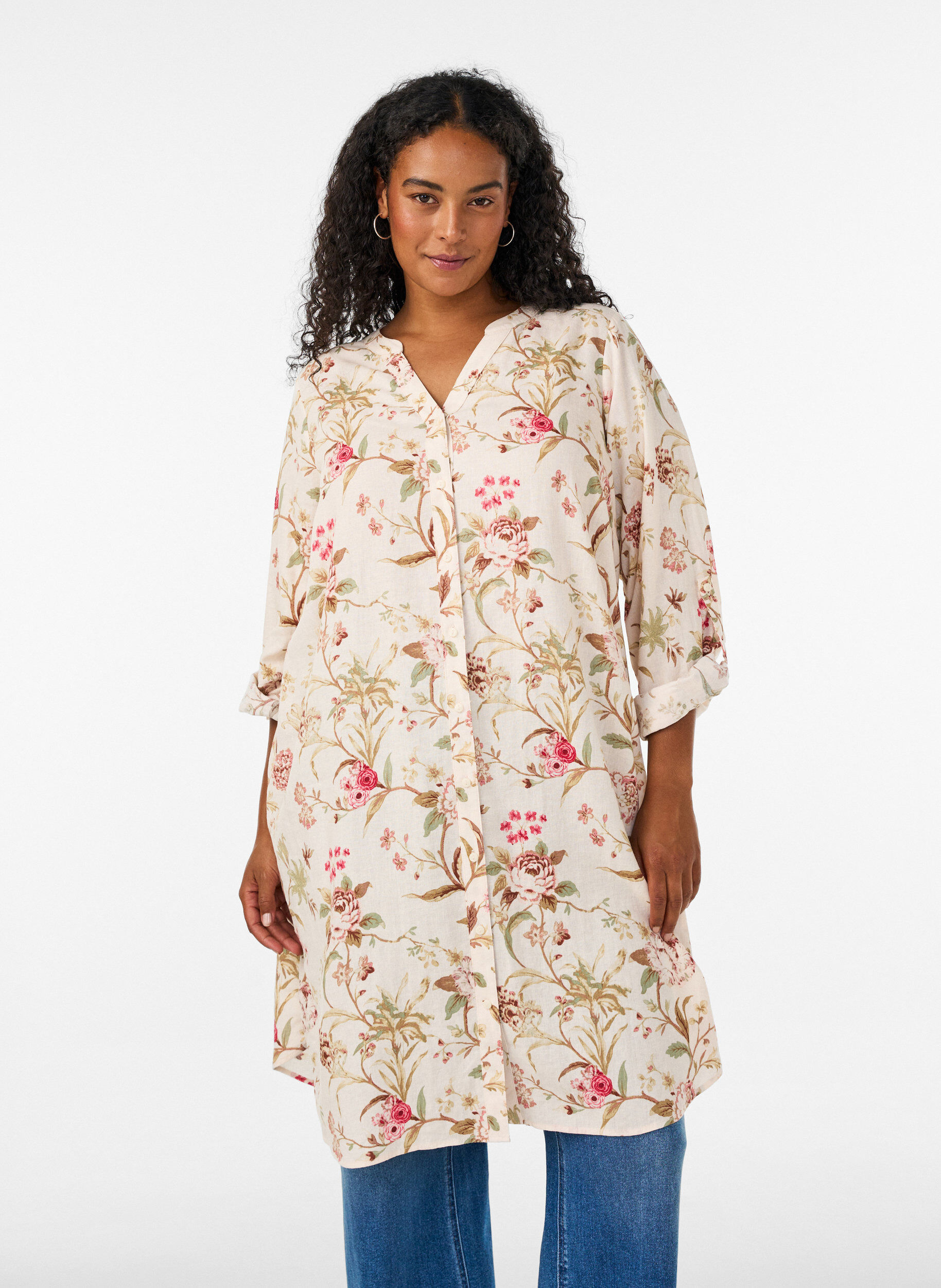 ZizziLang shirt in linnen en viscose, Vanille, Model image number 0