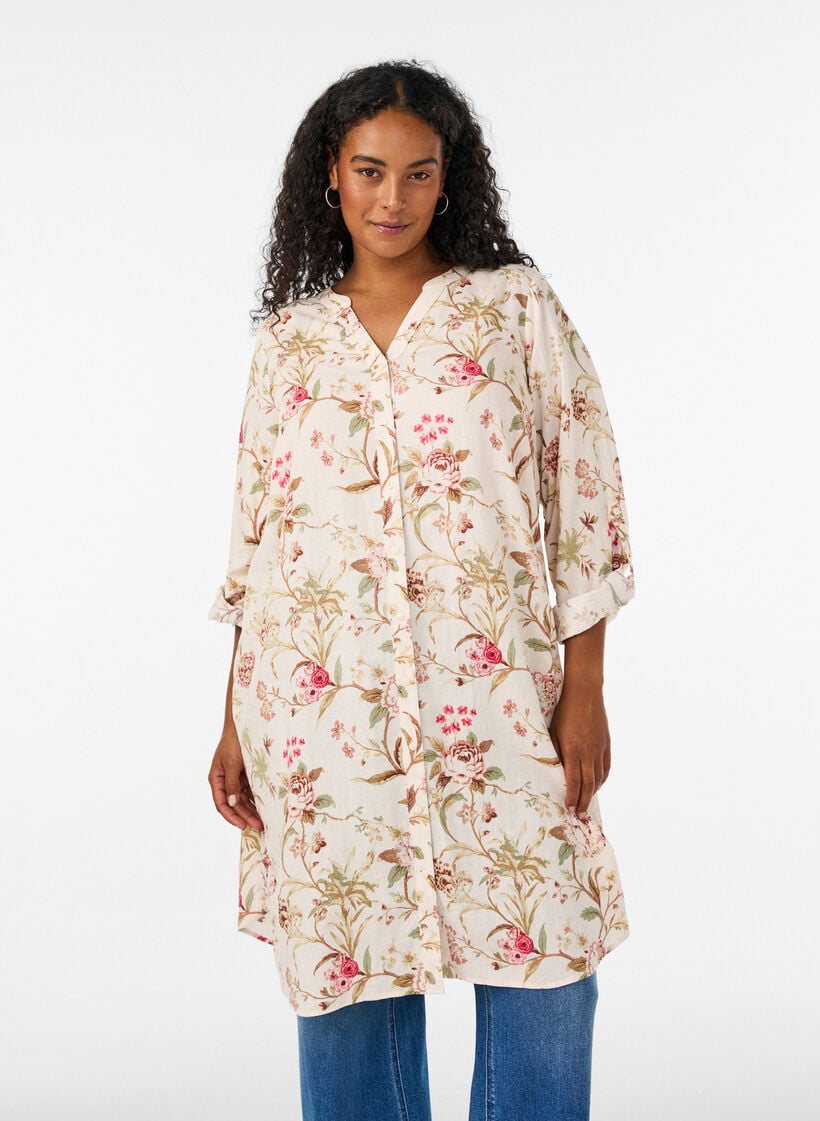 Lang shirt in linnen en viscose, Vanille, Model image number 0