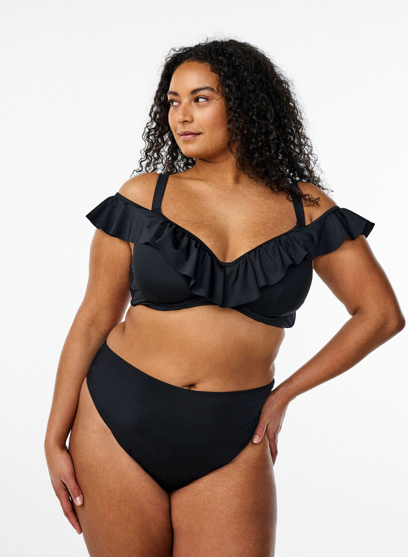 Bikini top met ruches en beugel, Zwart, Model image number 1