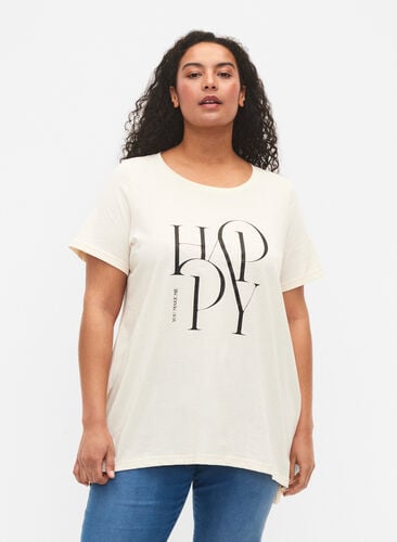 T-shirt van katoen met tekstopdruk, Buttercream HAPPY, Model image number 0