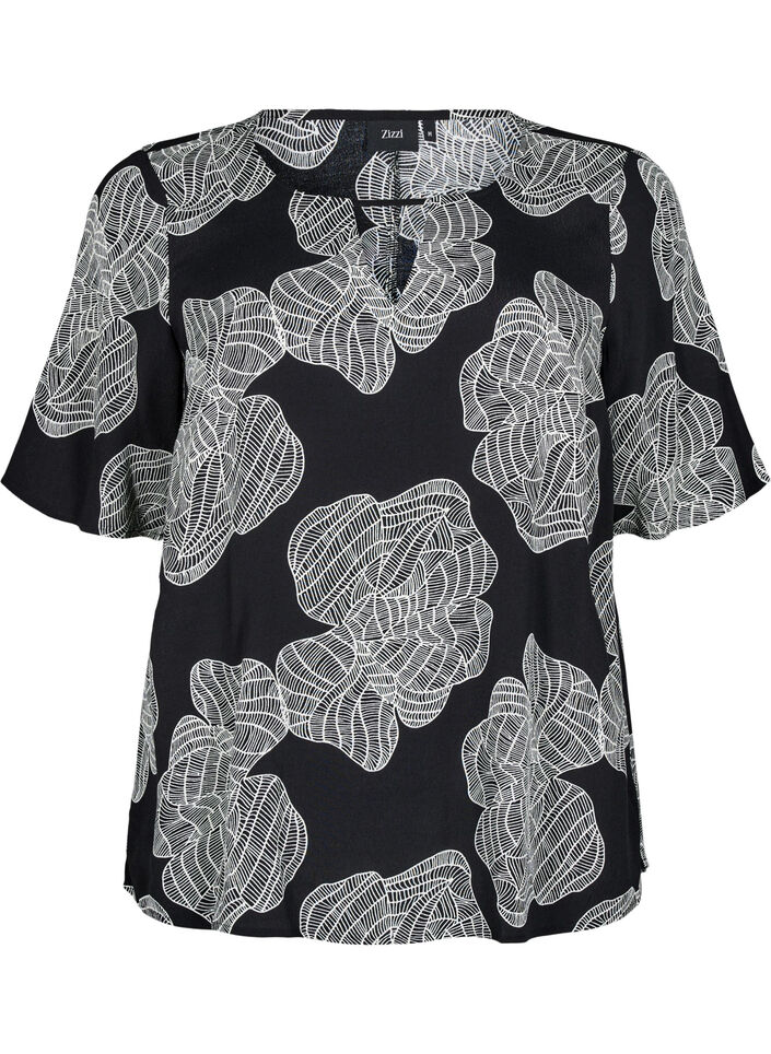 Viscose blouse met korte mouwen met print, Zwart, Packshot image number 0
