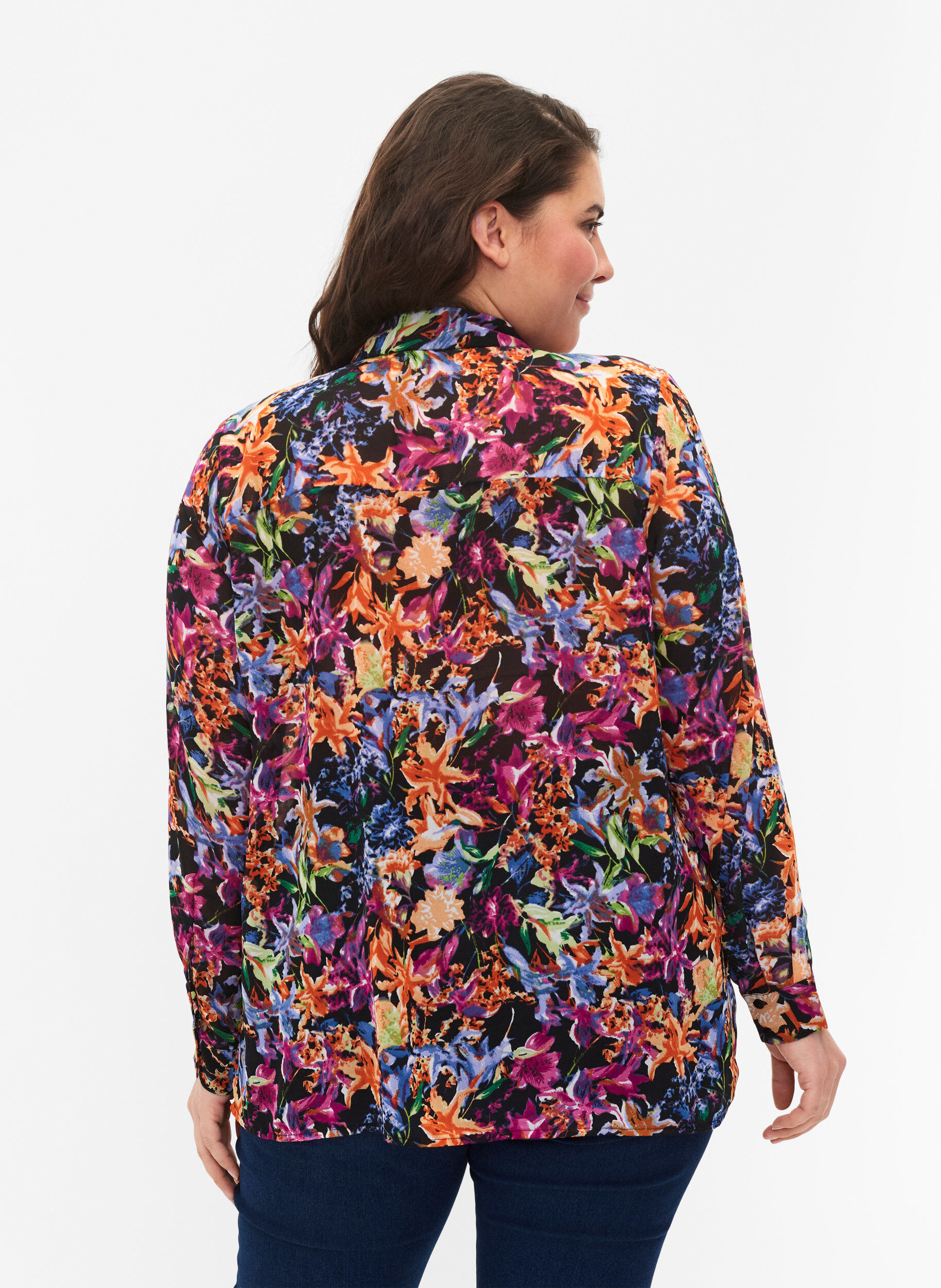 Zizzi FLASH - Shirt met lange mouwen en bloemenprint, Orange Pink Flower , Model image number 1