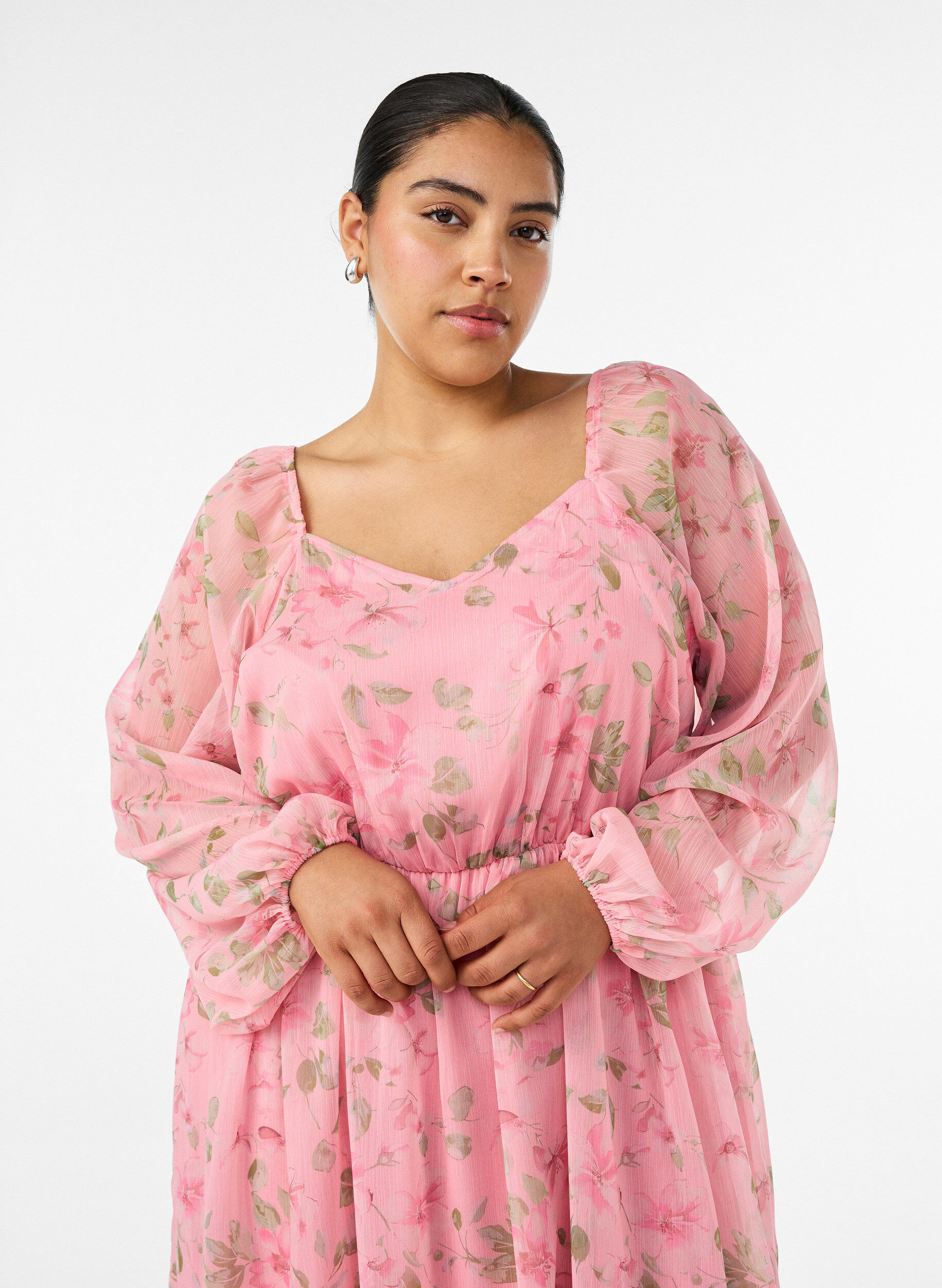 ZizziChiffon feestjurk met lange mouwen, Roze, Model image number 2