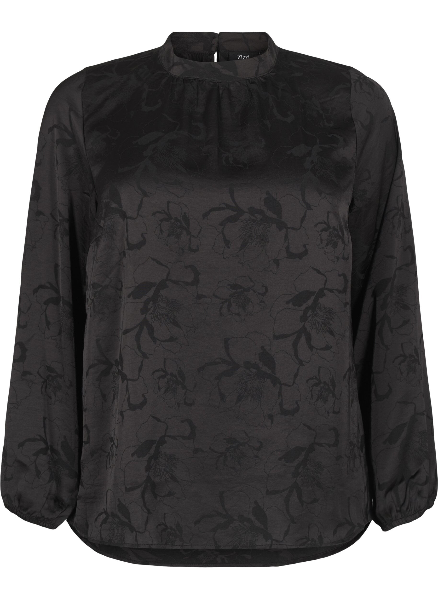 Zizzi Satijnen blouse met ton-sur-ton patroon, Black, Packshot image number 0