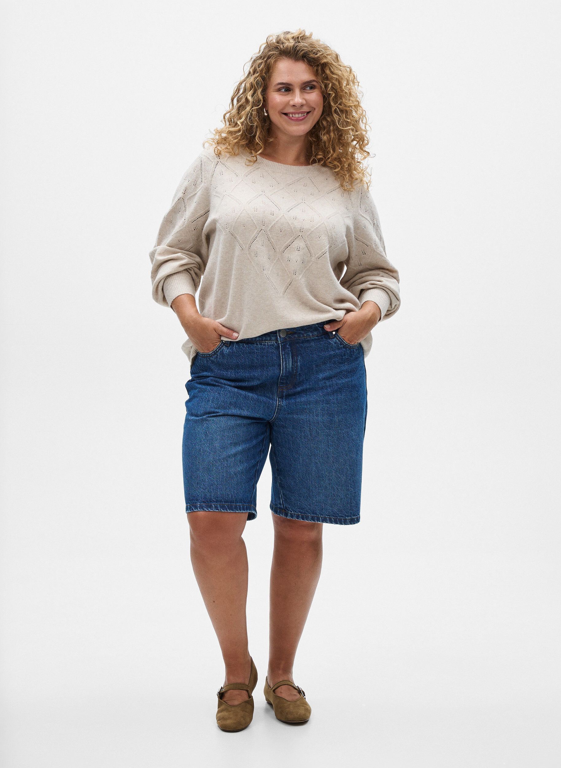 Zizzi Gebreide top met opengewerkt patroon en ballonnen mouwen, Beige, Model image number 1