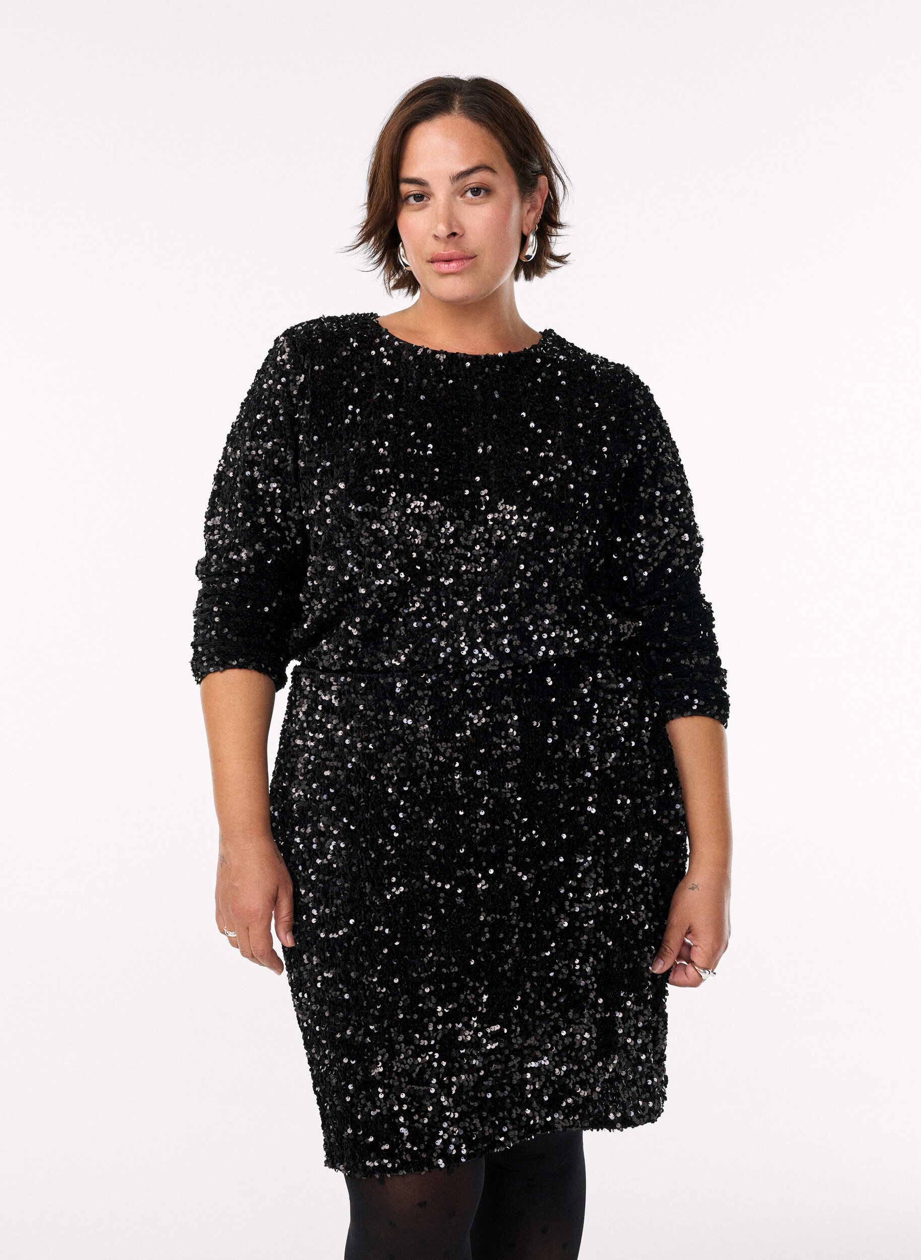 Korte paillettenrok met een elastische tailleband, Zwart, Model