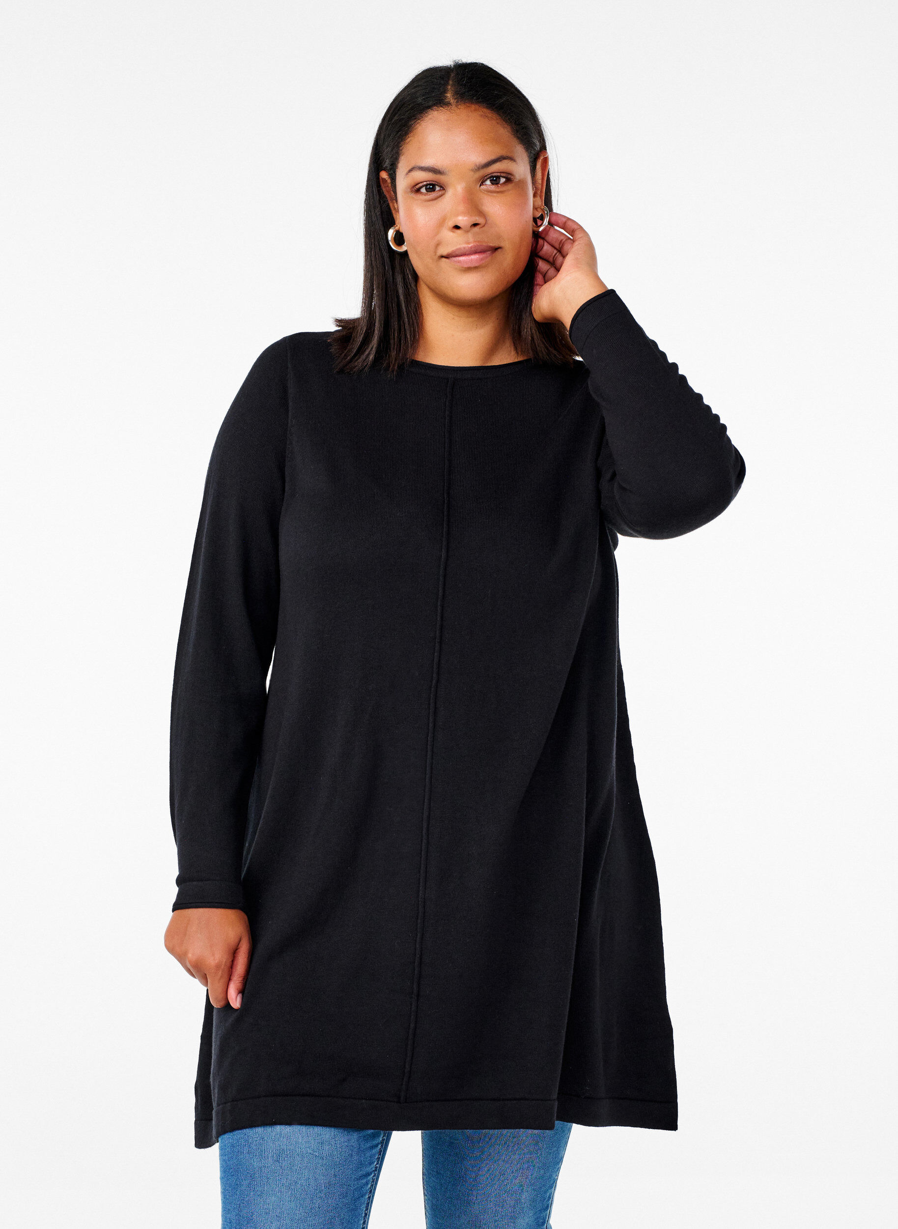ZizziGebreide jurk in katoen-viscose blend, Zwart, Model image number 0