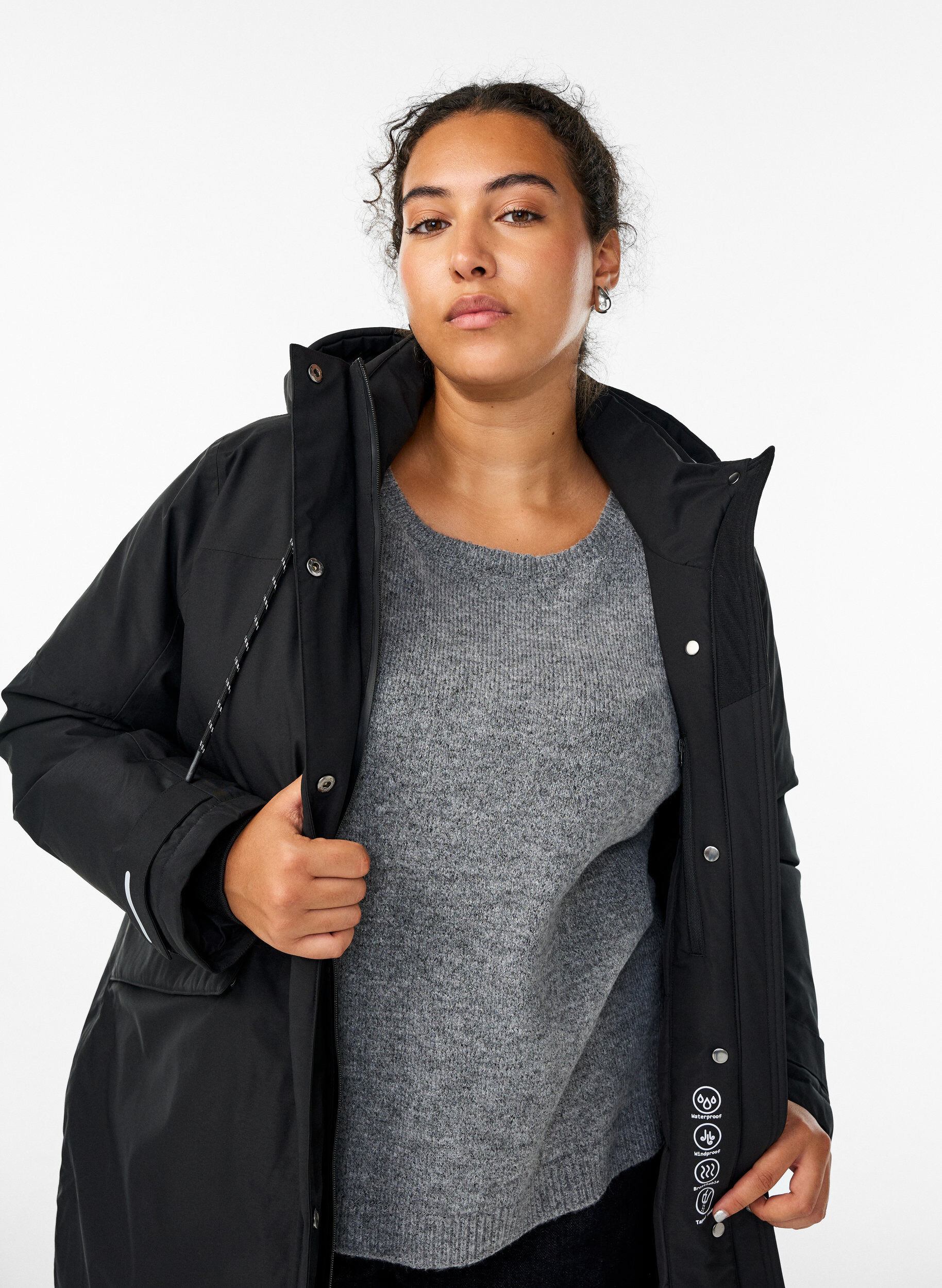 Zizzi Waterafstotende parka met capuchon en functionele details, Zwart, Model image number 3