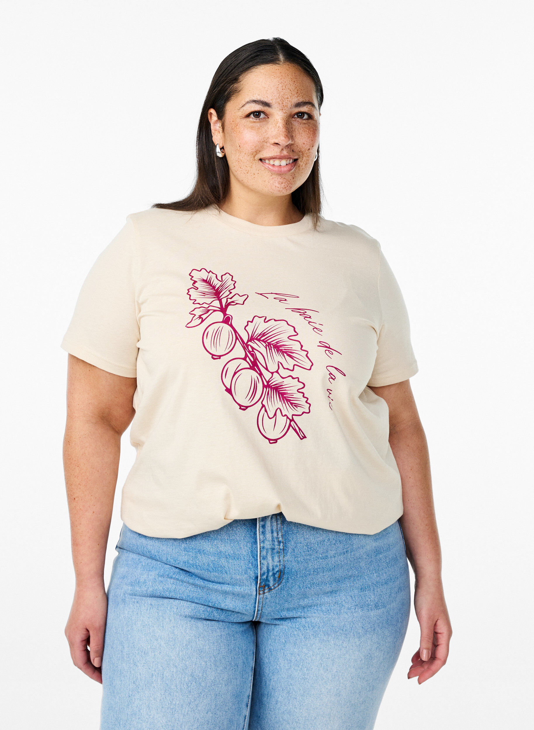 Zizzi Katoenen T-shirt met print, Beige, Model image number 0
