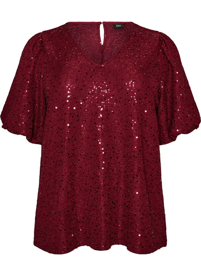 Blouse met pailletten en ballonmouwen, Rood, Packshot image number 0