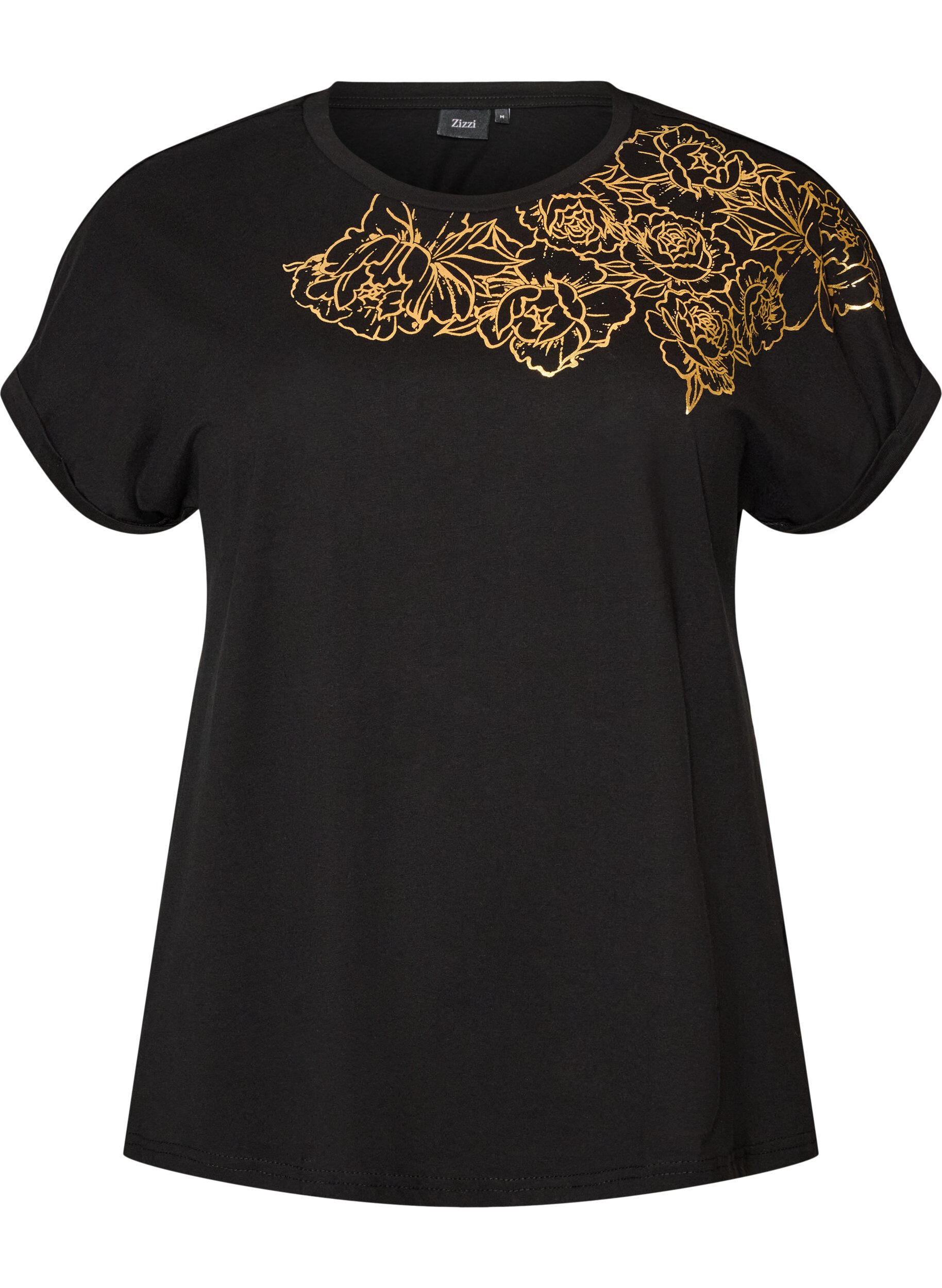 ZizziKatoenen T-shirt met bloemenprint, Zwart, Packshot image number 0