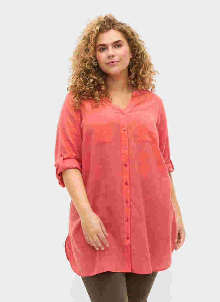 Lange blouse met 3/4 mouwen en v-hals, Hot Coral, Model