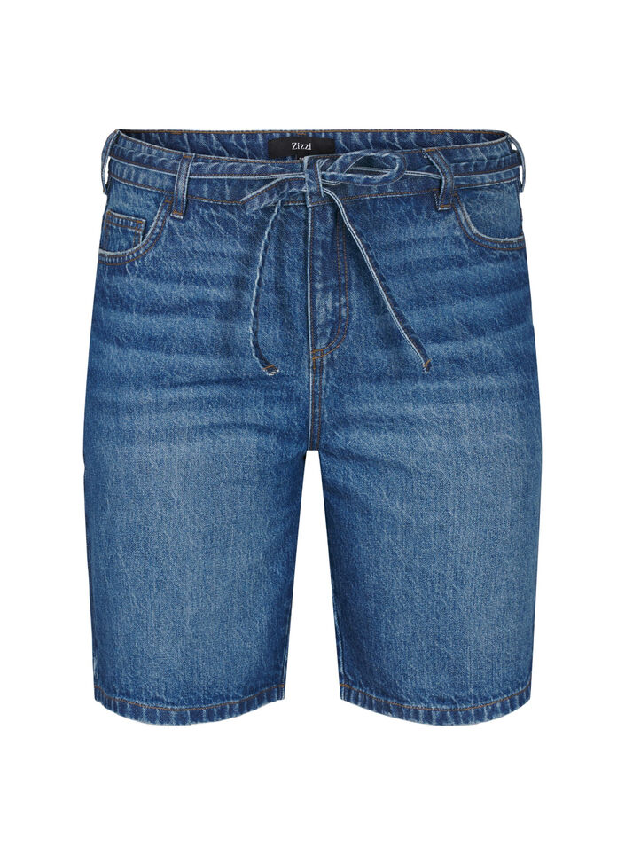 Strakke pasvorm denim shorts met strikriem, Blauw, Packshot