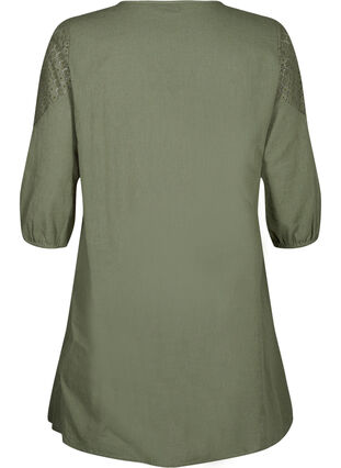 Jurk van katoenmix met linnen en gehaakt detail, Deep Lichen Green, Packshot image number 1