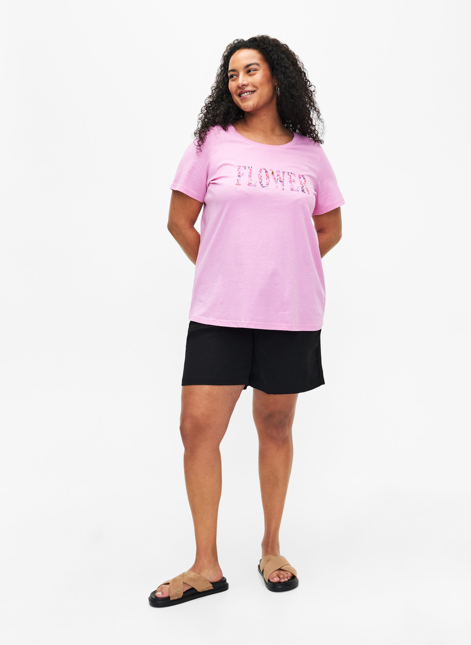 Zizzi Katoenen T-shirt met tekstopdruk, Rosebloom w. Flower, Model image number 2