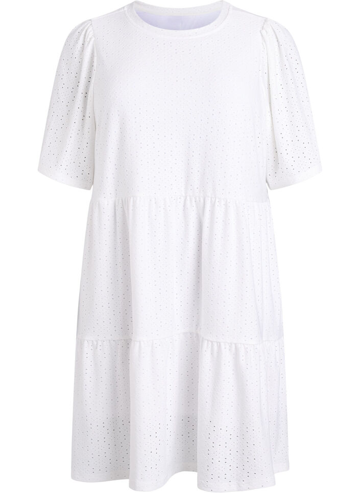 Korte jurk met kantpatroon en gelaagde rok, Wit, Packshot image number 0