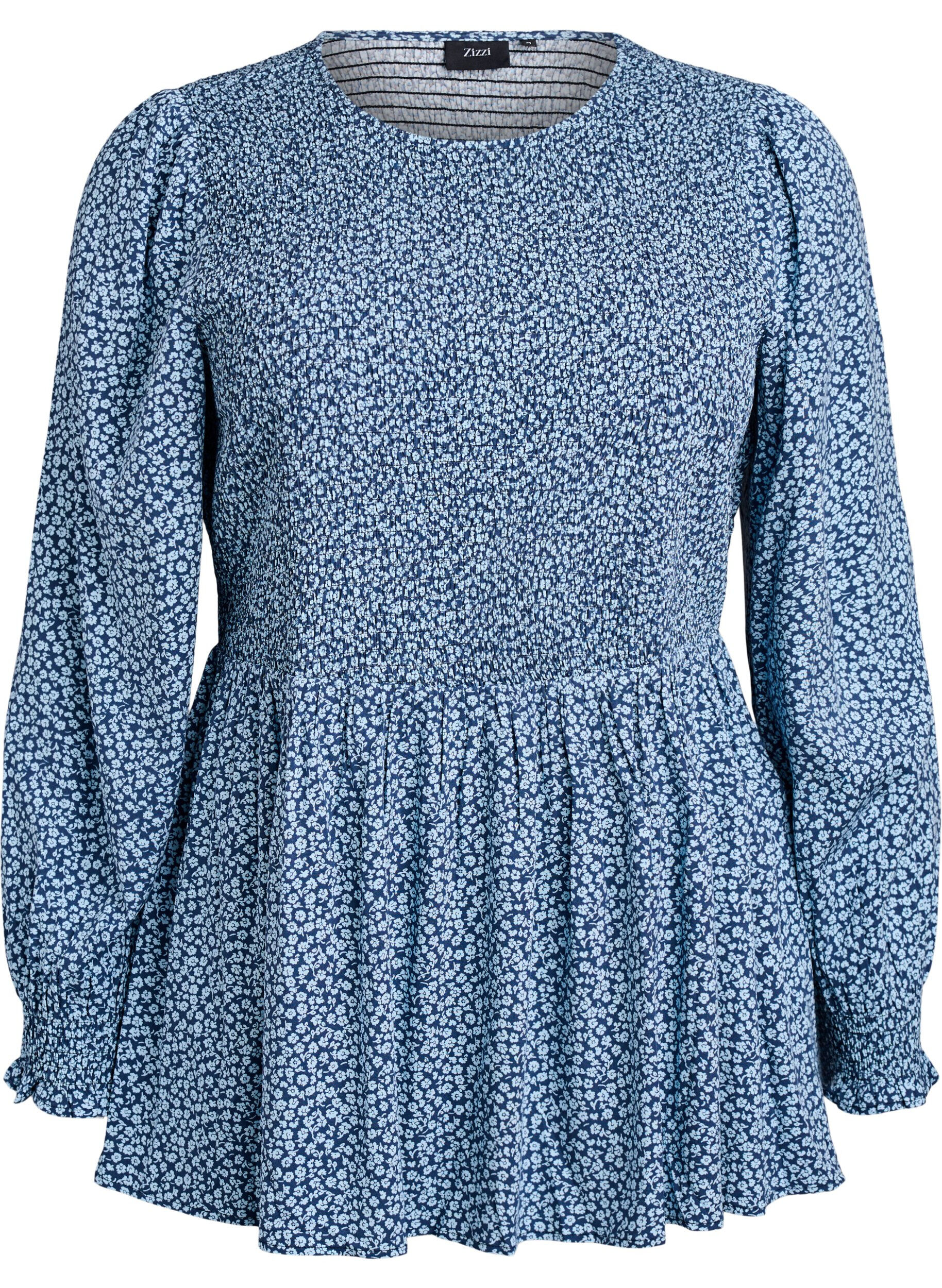 ZizziBlouse met gesmokte top en bloemenprint, Blauw, Packshot image number 0