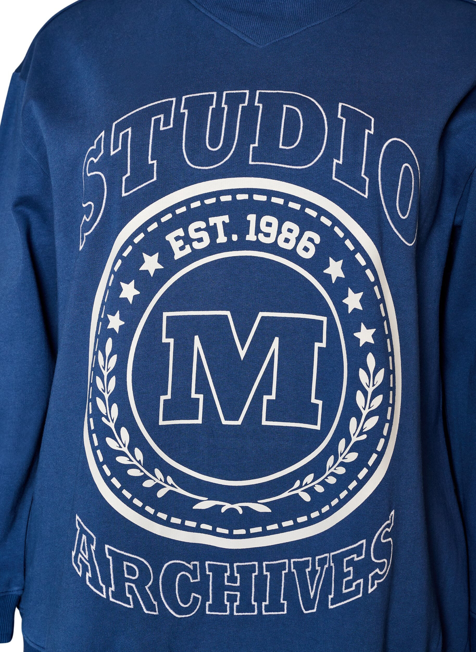 ZizziSweatshirt met hoge hals en sportief motief op de voorkant, Blauw, Packshot image number 2