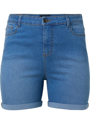 High Waist denim shorts met slim fit, Medium Blue Denim, Packshot image number 0