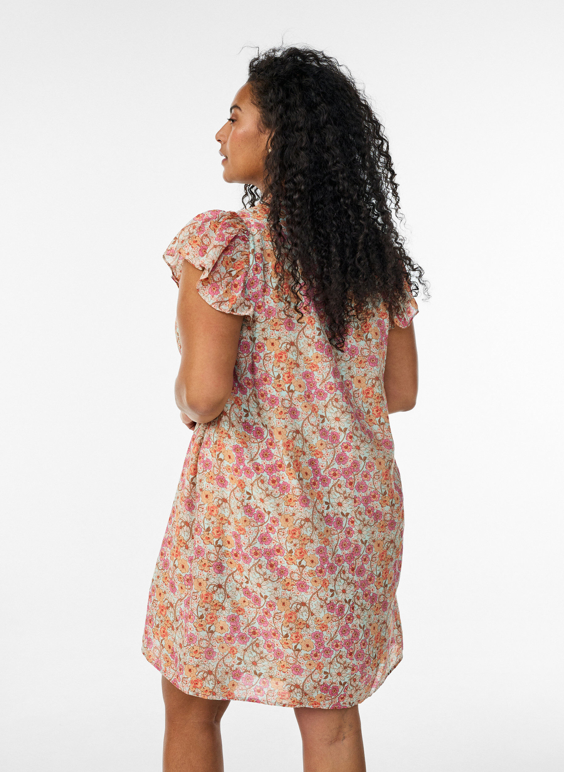 ZizziKorte viscose jurk met smokwerk en bloemenprint, Oranje, Model image number 2