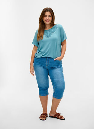 Viscose t-shirt met korte mouwen en kanten details, Smoke Blue, Model image number 2