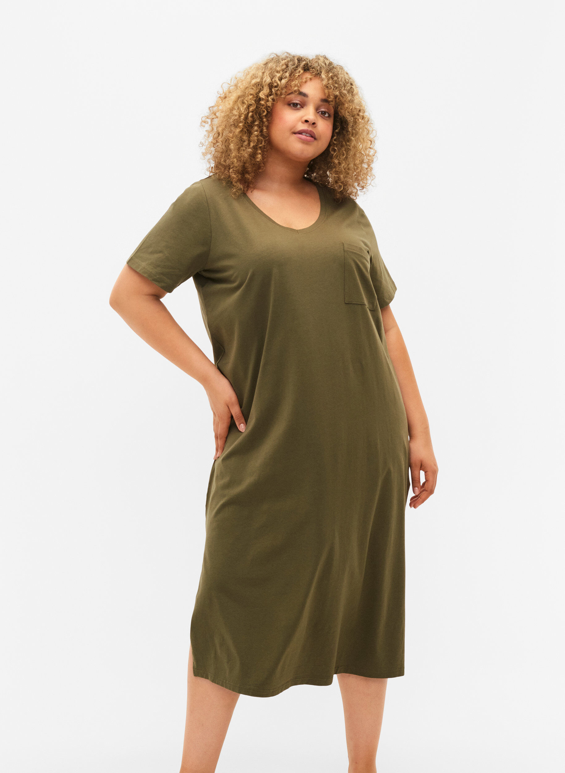 Zizzi Katoenen jurk met korte mouwen en split, Ivy Green, Model image number 0