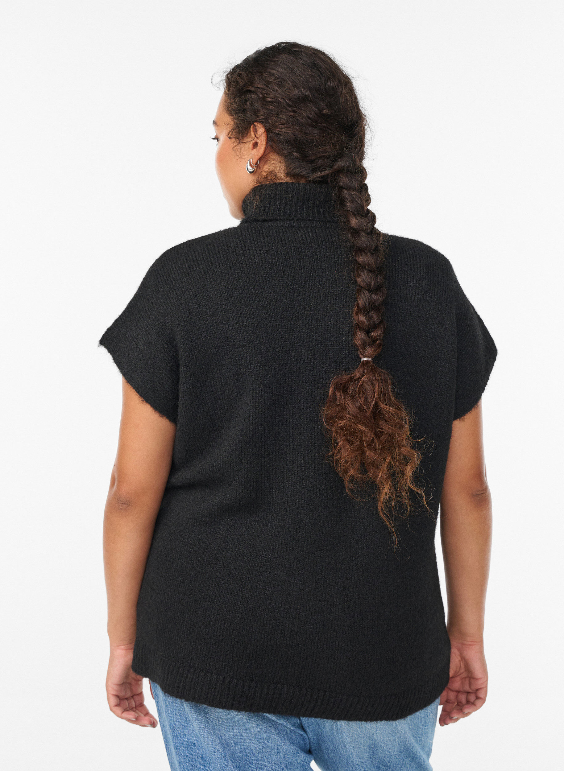 Zizzi Mouwloos gebreid vest met col, Zwart, Model image number 2