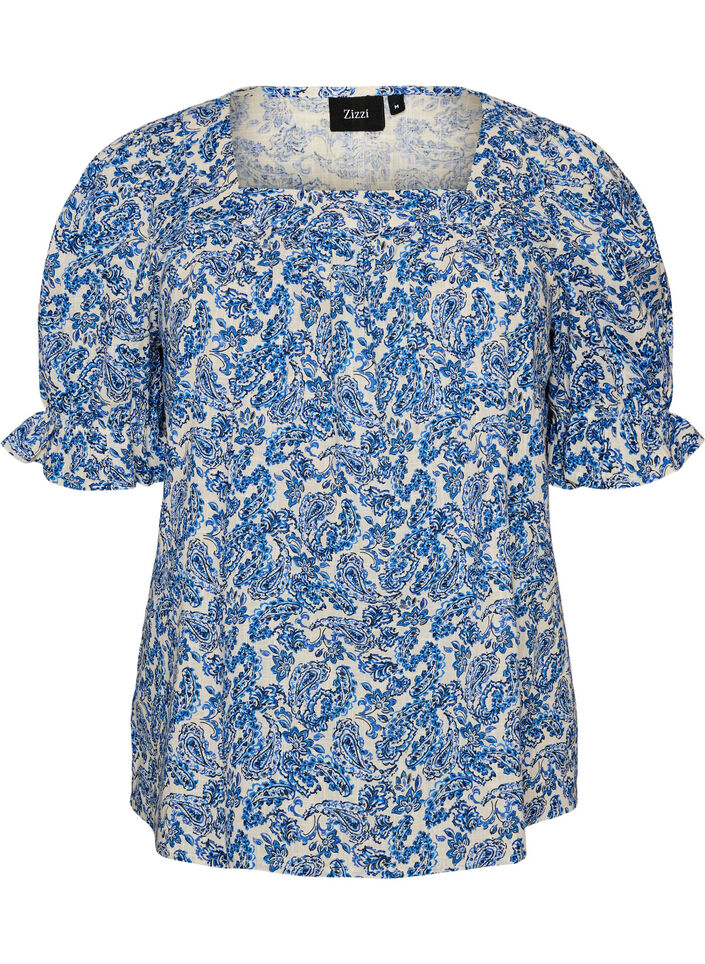 Katoenen blouse met vierkante halslijn, Blauw, Packshot image number 0