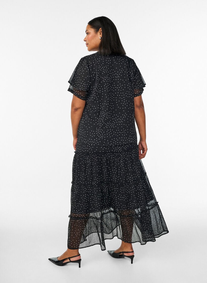 Lange A-lijn chiffon rok met stippen, Zwart, Model image number 1