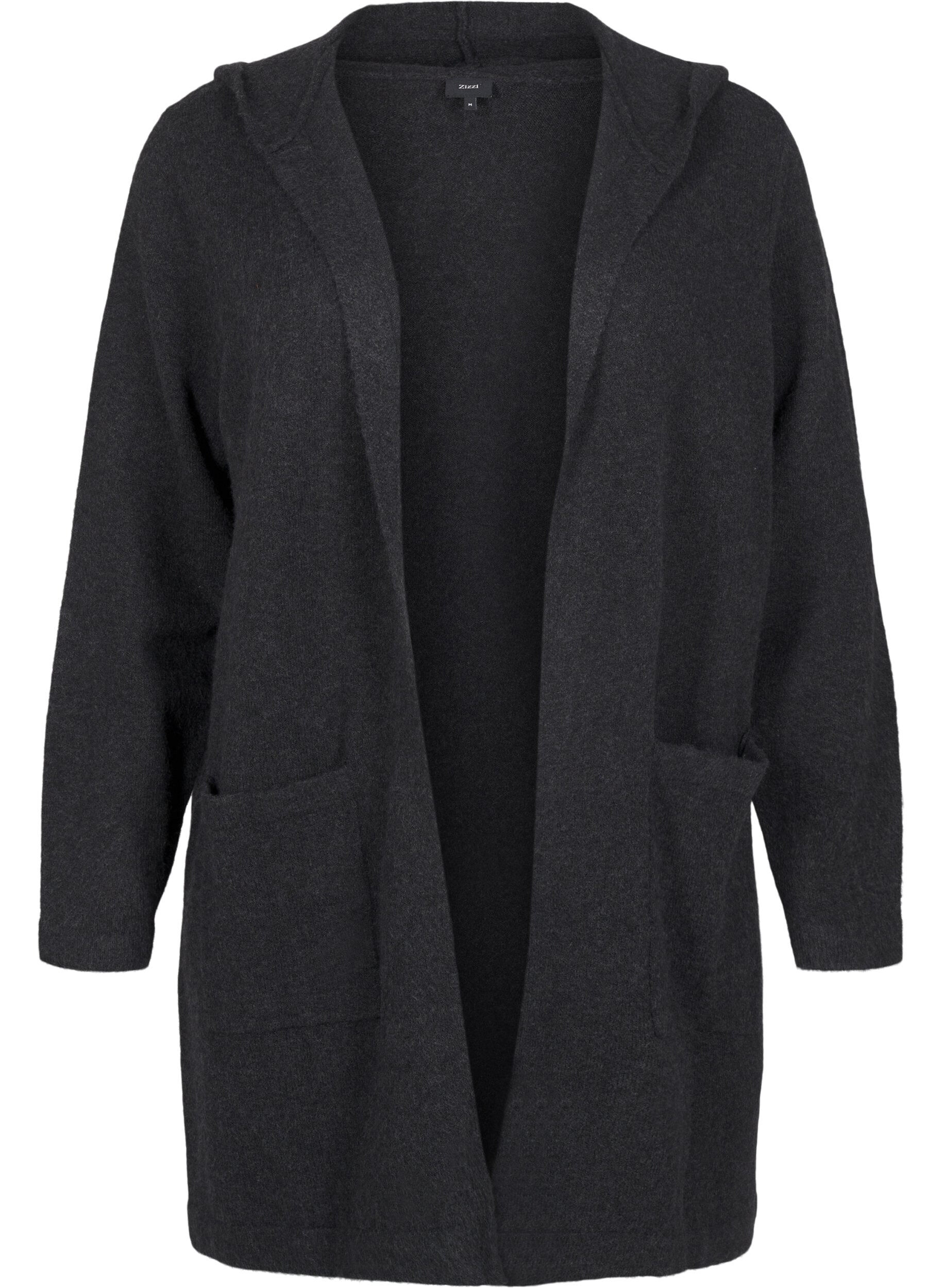 Zizzi Lang gebreid vest met wol en capuchon, Dark Grey Melange, Packshot image number 0