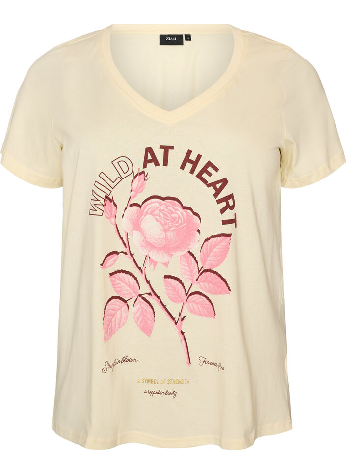 Katoenen T-shirt met V-hals en print aan de voorkant, Beige, Packshot image number 0