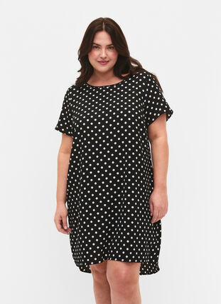 Bedrukte jurk met korte mouwen, Black w. Dots, Model image number 0