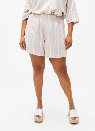 Gestreepte korte broek van linnen en viscose, Beige White Stripe, Model image number 2