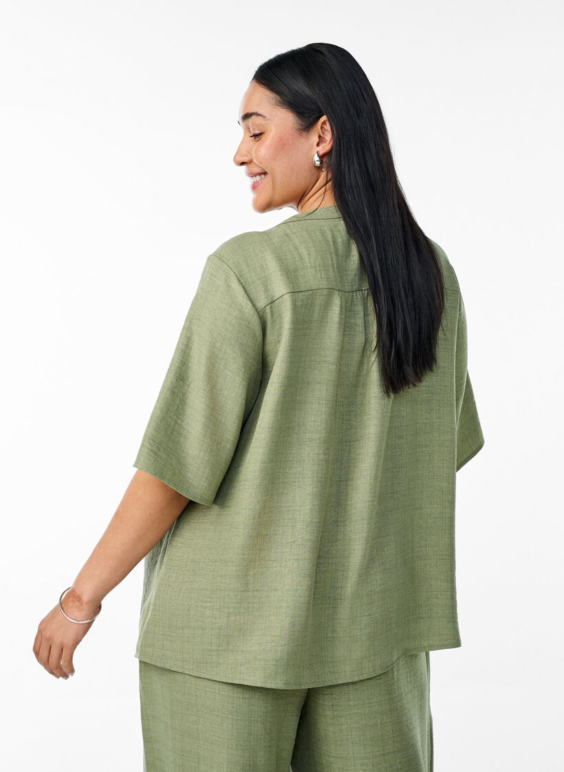 Overhemd blouse met V-hals en korte mouwen, Groen, Model image number 2